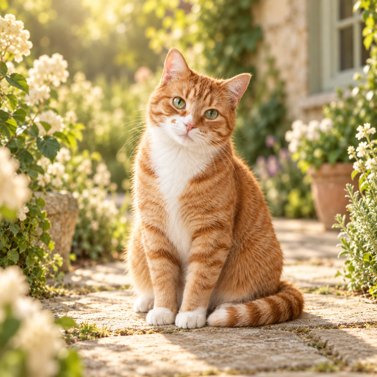 Garden portrait concept of a fictional ginger tabby beside soft white flowers