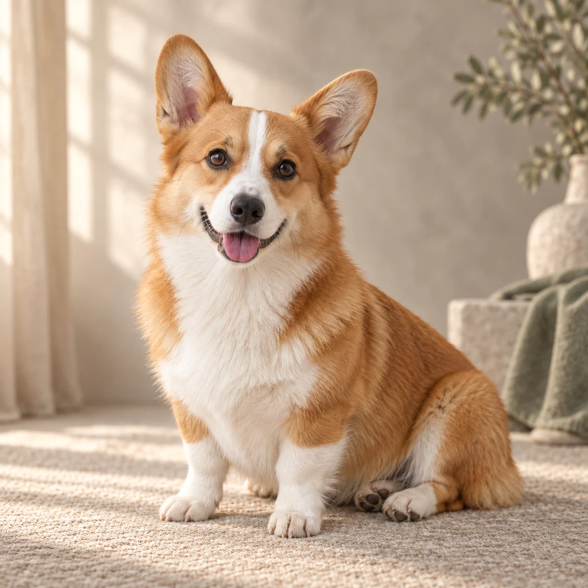 Quiet memorial portrait concept of a fictional corgi in warm window light