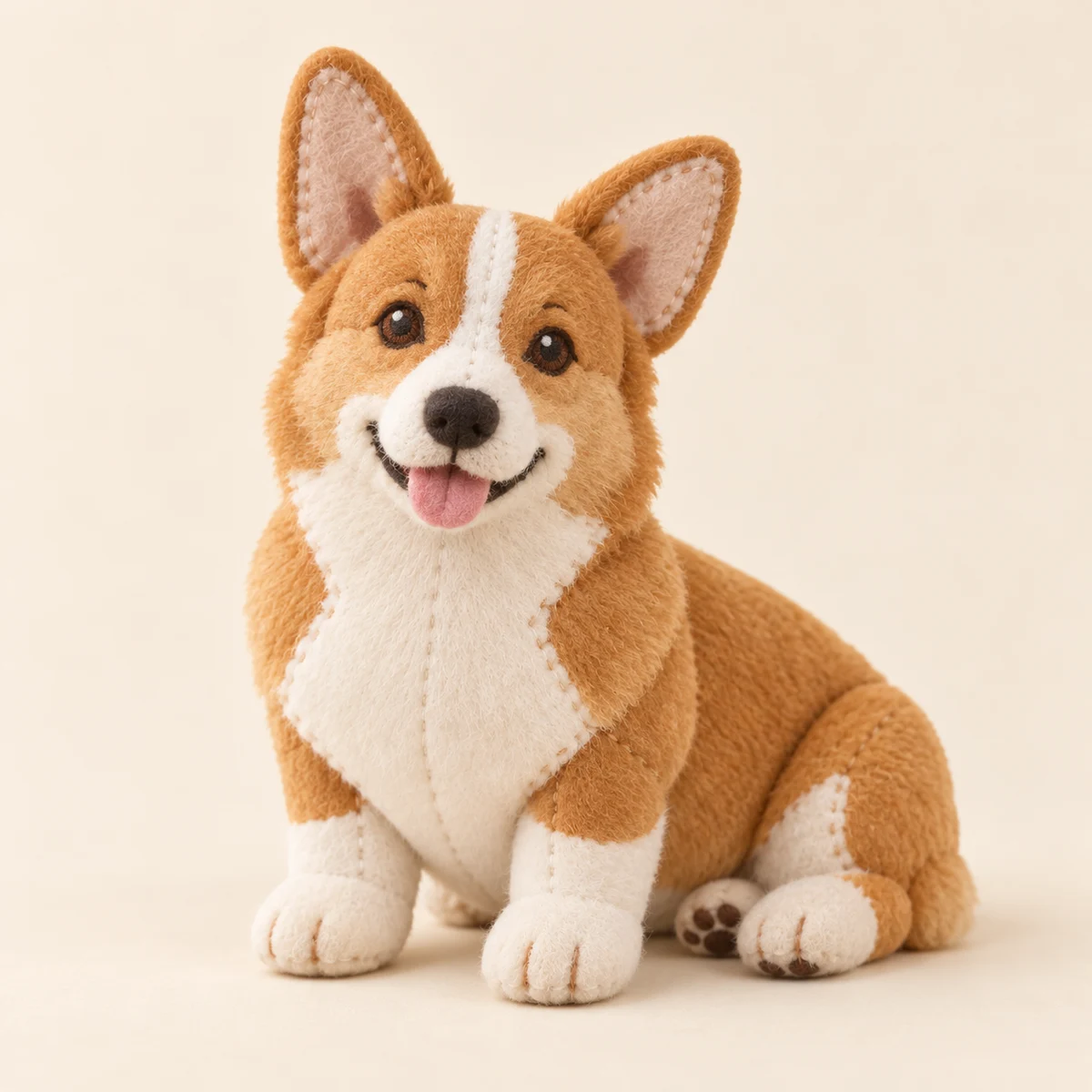 AI concept of a handmade plush corgi with caramel and white fabric
