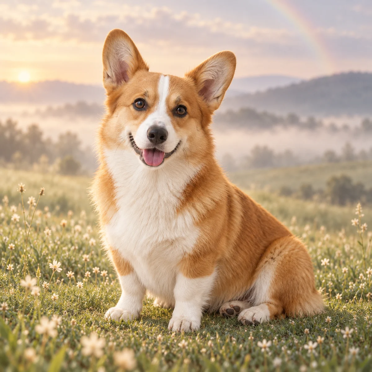 Rainbow bridge portrait concept of a fictional corgi in a peaceful meadow