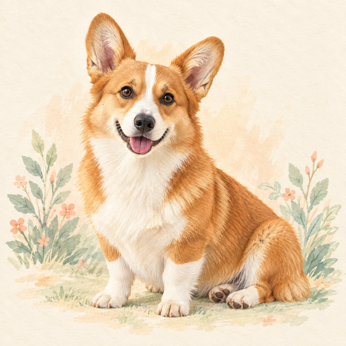 Gouache storybook concept of a fictional corgi among soft garden flowers