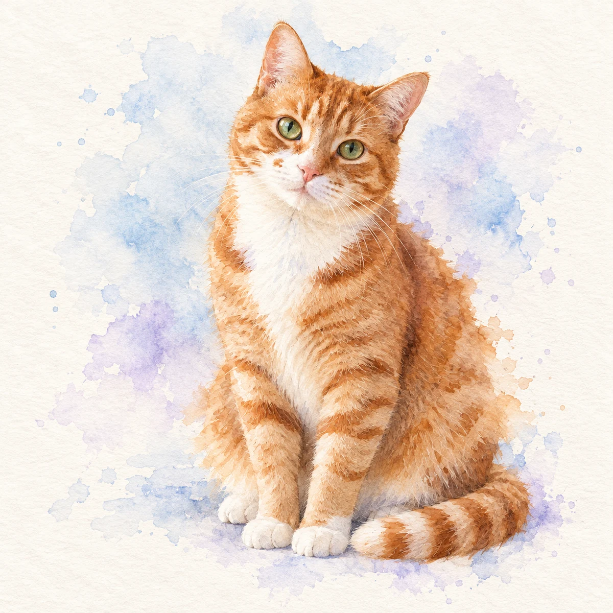 Watercolor concept of a fictional ginger tabby with green eyes on ivory paper