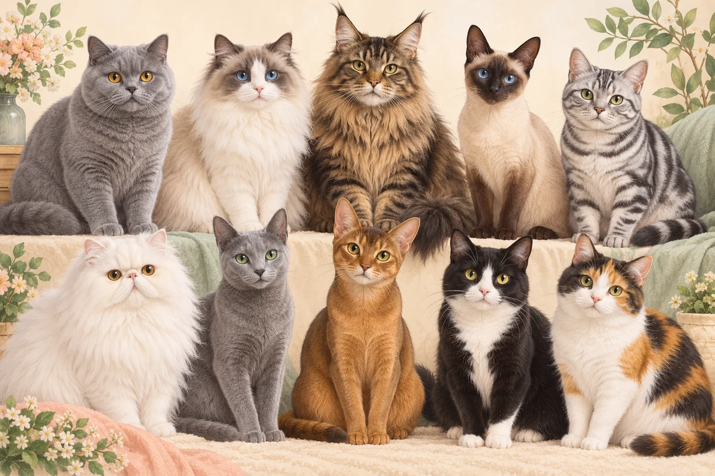 Illustrated gallery of ten cats with varied faces and coats, including British Shorthair, Ragdoll, Maine Coon and mixed-breed cats