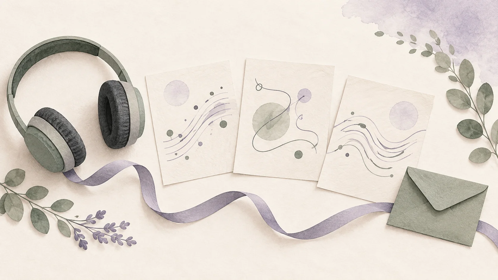 Concept illustration of headphones, separate music papers, a ribbon and an envelope, representing preparation and listening.