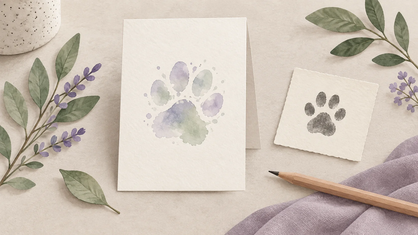 Concept illustration of a blank portrait card, a paw-mark paper and a pencil in muted lavender and sage.