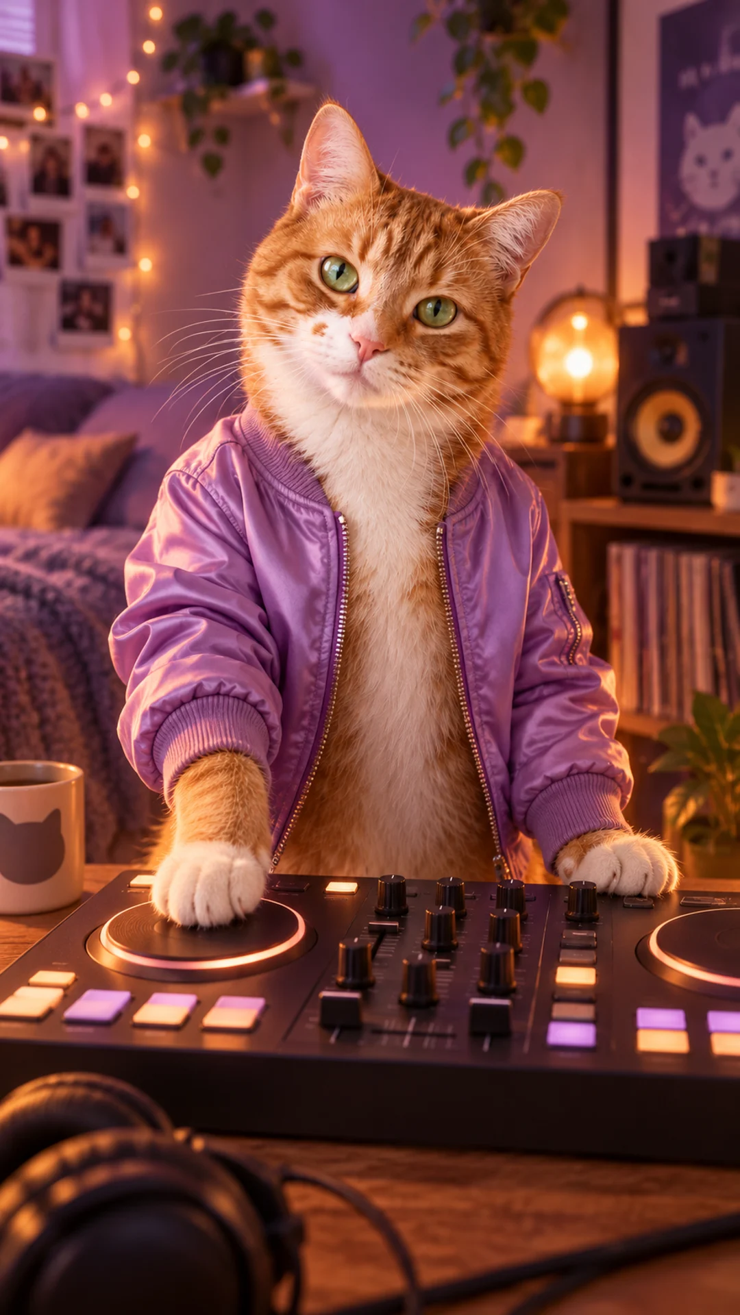 Ginger tabby DJ in a lilac jacket with one paw on a mixer