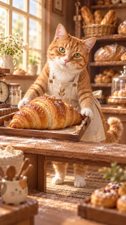 Tiny ginger cat baker pushing a tray with an oversized croissant