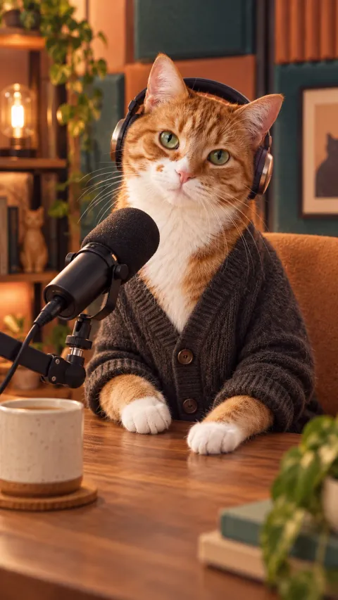 Ginger cat podcast host at a studio microphone