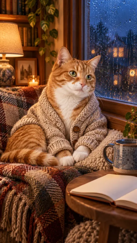 Ginger cat in a knit cardigan resting beside a rainy window