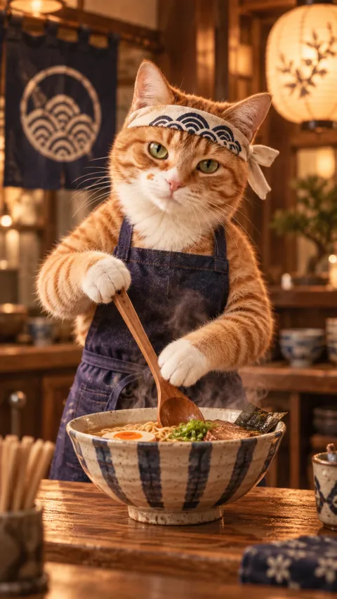Ginger tabby in an indigo apron stirring ramen at a miniature noodle counter