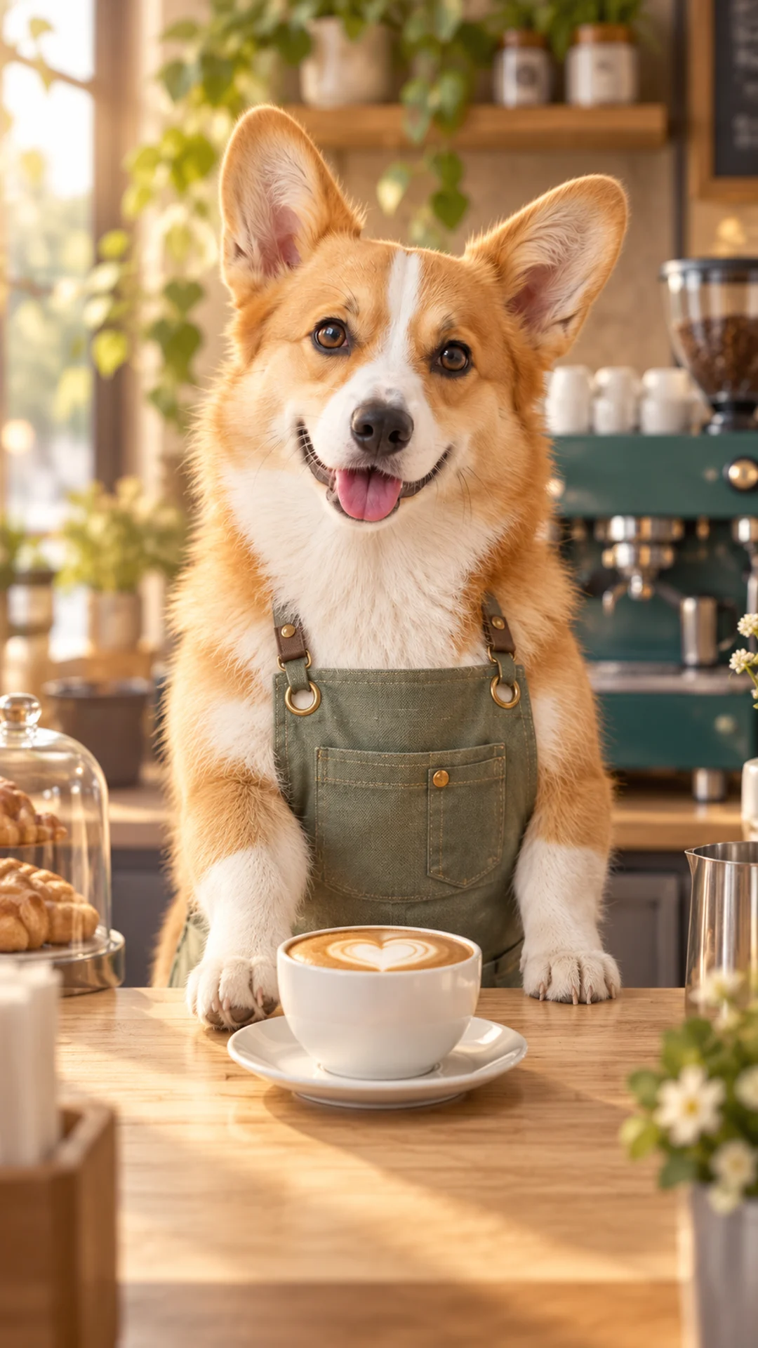 Corgi barista in a sage apron presenting a heart-topped coffee