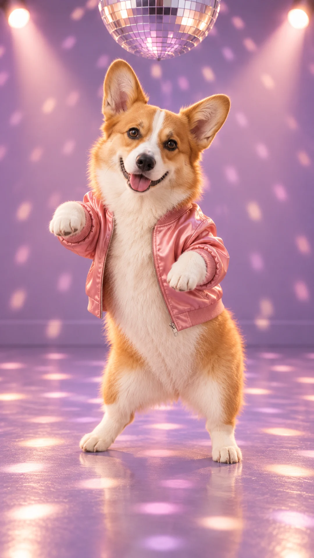 Corgi in a pink satin jacket dancing under a disco ball