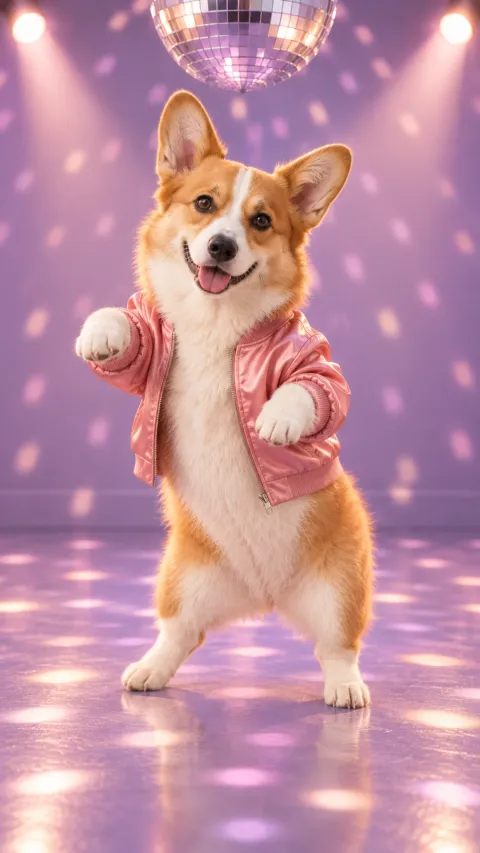 Corgi in a pink satin jacket dancing under a disco ball