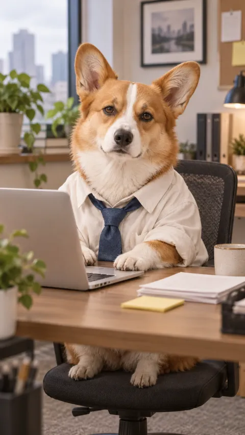 Sleepy corgi in a blue tie at a laptop in a tiny office