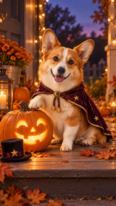 Corgi in a plum cape beside a glowing Halloween pumpkin