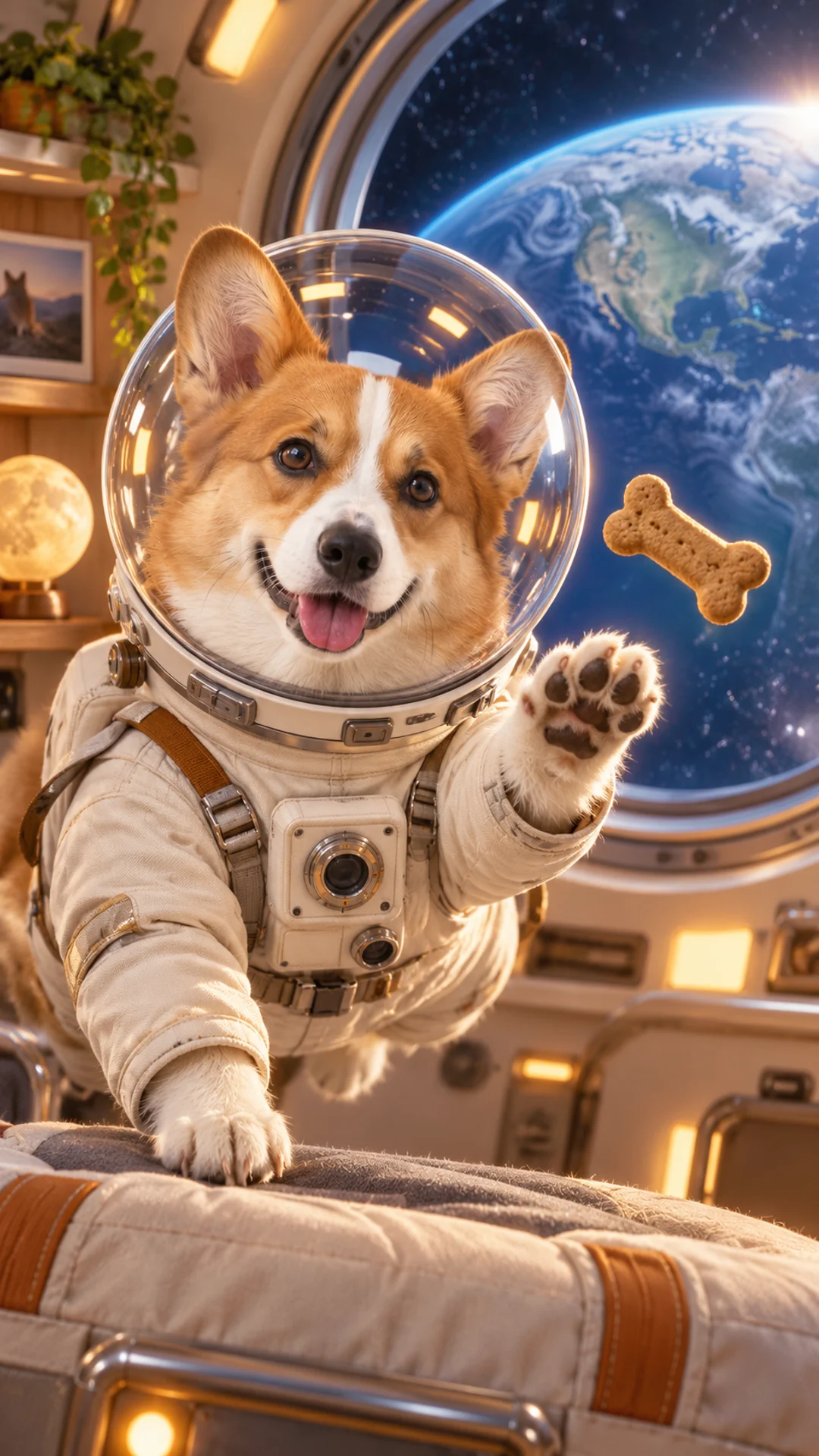 Corgi astronaut reaching for a floating biscuit inside a spacecraft