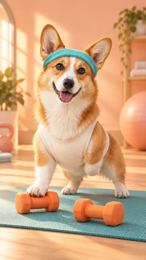 Corgi with a turquoise sweatband beside two tiny orange dumbbells