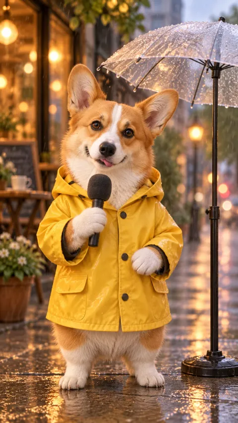 Corgi reporter in a yellow raincoat holding a microphone beside an umbrella